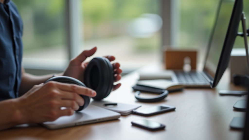 Close-up of hand holding noise-cancelling headphones with phone showing focus mode enabled