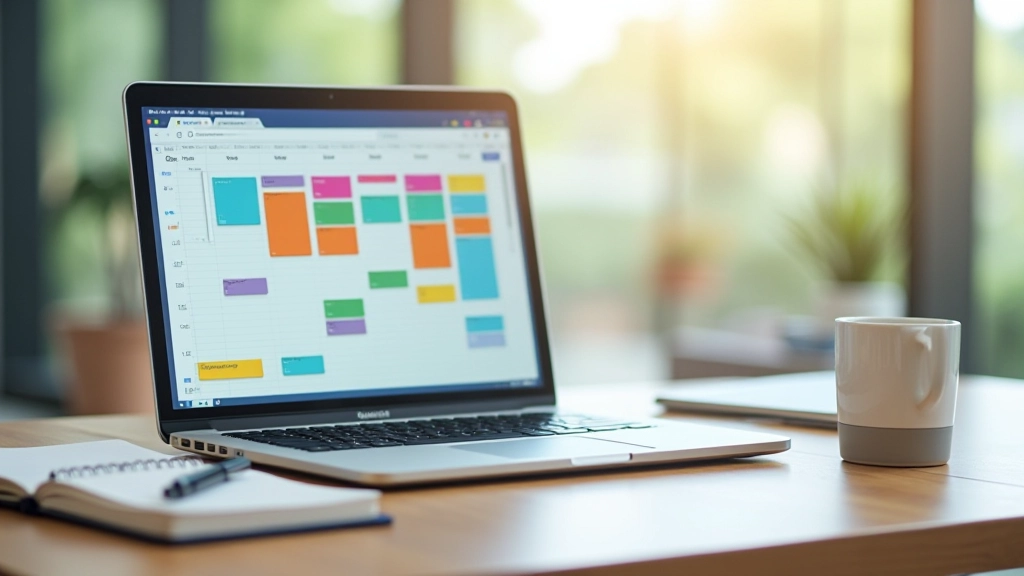 Digital calendar showing time blocks with different colors representing work, meetings, breaks, and personal time