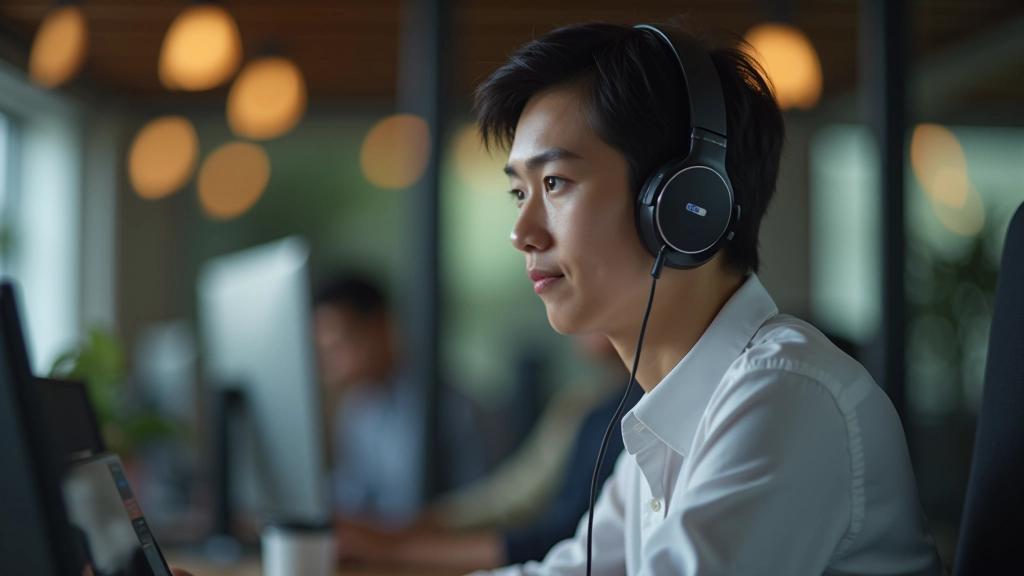 Person wearing noise-cancelling headphones at desk with focused expression and closed eyes