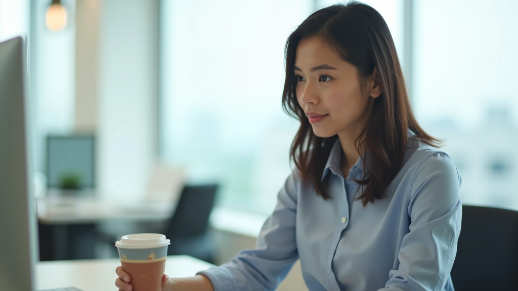 Woman at office desk in Singapore workspace checking laptop while holding coffee cup